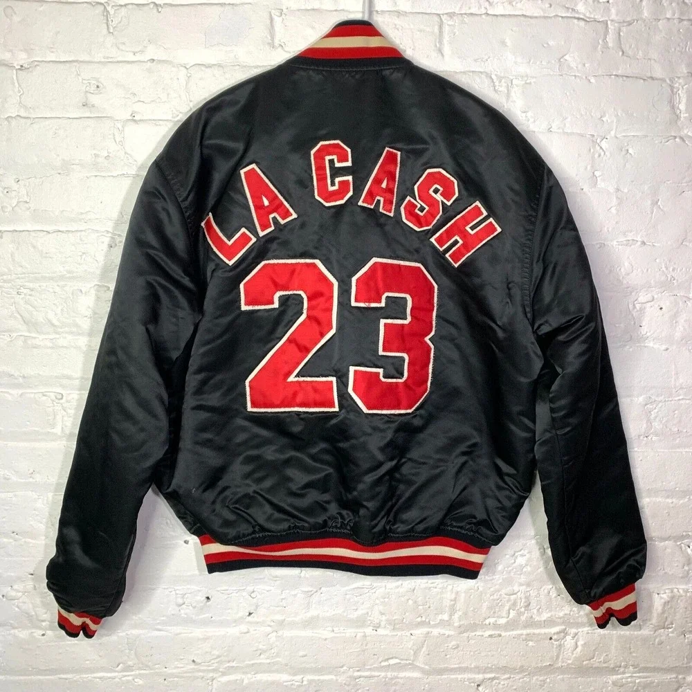 Vintage Chicago Bulls 80s STARTER Jacket #23 Satin Snap Bomber‎ NBA Black Red XL